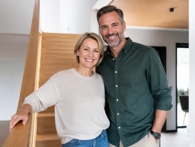 Glückliches Paar geniesst gemeinsam den Moment an einem Moderne Treppengeländer innen