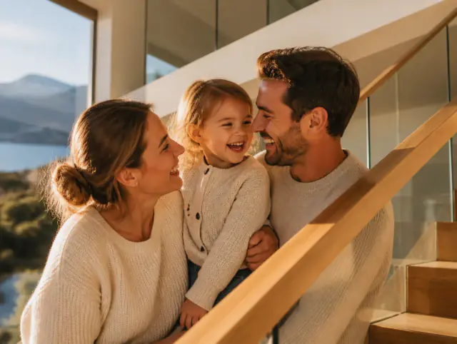 Glückliche Familie mit Kind lacht gemeinsam an einem Moderne Treppengeländer innen