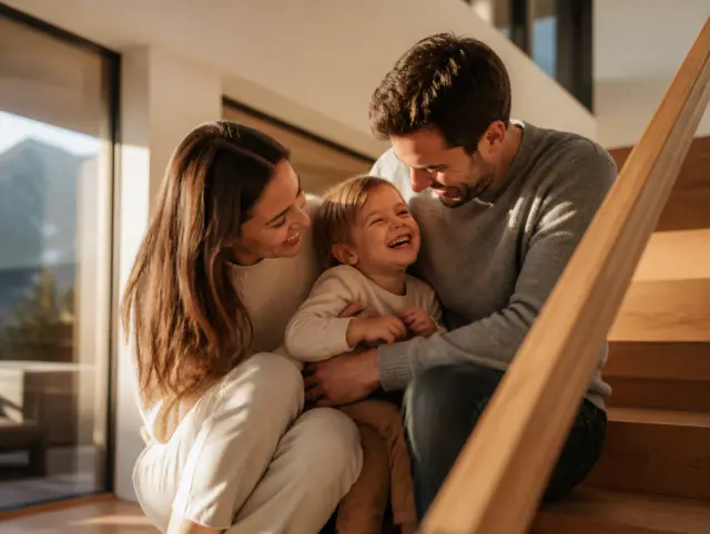 Glückliche Familie mit Kind lacht gemeinsam an einem Treppengeländer innen