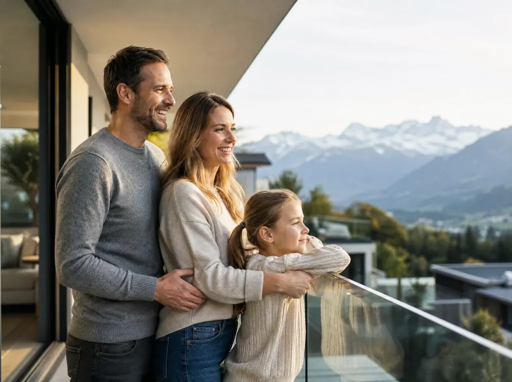 Geländer nach Mass – glückliche Familie am Glasgeländer Glückliche Familie geniesst den Panoramablick an einem rahmenlosen Glasgeländer auf dem Balkon