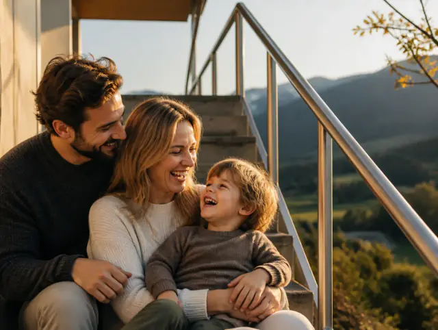 Handlauf für Aussentreppen – glückliche Familie mit Kind Glückliche Familie mit Kind lacht gemeinsam an einem Handlauf für Aussentreppen