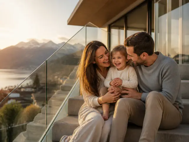 Glasgeländer aussen – glückliche Familie mit Kind Glückliche Familie mit Kind lacht gemeinsam an einem Glasgeländer aussen