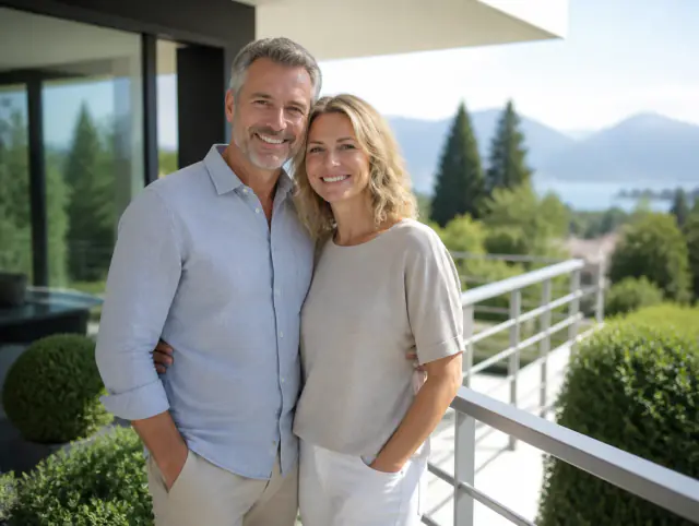 Terrassengeländer aus Aluminium – glückliches lächelndes Paar Glückliches Paar geniesst gemeinsam den Moment an einem Terrassengeländer aus Aluminium
