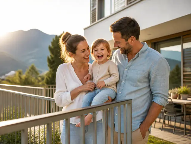 Terrassengeländer aus Aluminium – glückliche Familie mit Kind Glückliche Familie mit Kind lacht gemeinsam an einem Terrassengeländer aus Aluminium