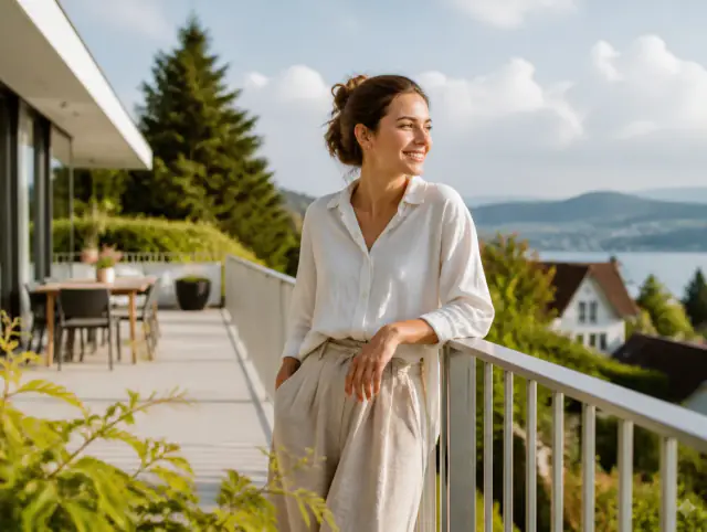 Terrassengeländer aus Aluminium – lächelnde Frau blickt zum Horizont Lächelnde Frau geniesst den Ausblick an einem Terrassengeländer aus Aluminium