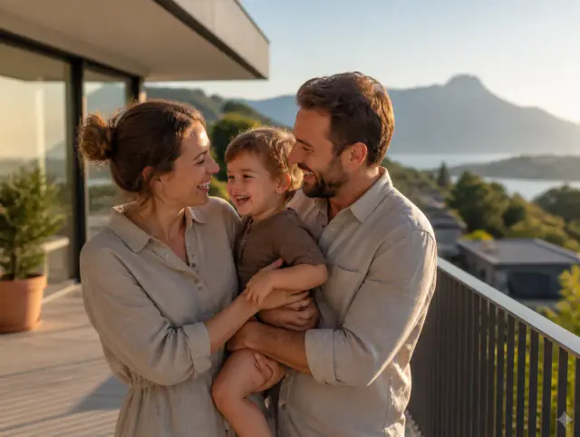 Glückliche Familie mit Kind lacht gemeinsam an einem Terrassengeländer modern & Anthrazit