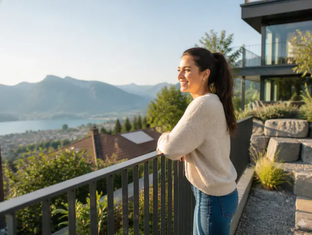 Lächelnde Frau geniesst den Ausblick an einem Terrassengeländer modern & Anthrazit