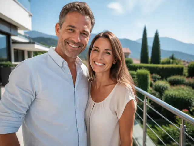 Terrassengeländer aus Edelstahl – glückliches lächelndes Paar Glückliches Paar geniesst gemeinsam den Moment an einem Terrassengeländer aus Edelstahl