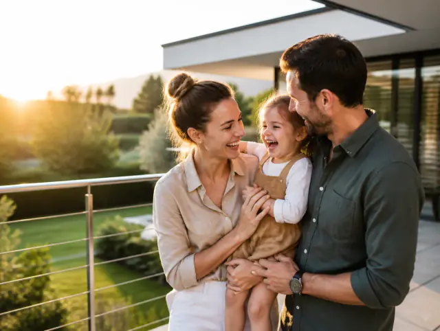 Terrassengeländer aus Edelstahl – glückliche Familie mit Kind Glückliche Familie mit Kind lacht gemeinsam an einem Terrassengeländer aus Edelstahl