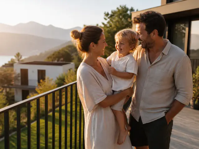 Terrassengeländer aus Metall – glückliche Familie mit Kind Glückliche Familie mit Kind lacht gemeinsam an einem Terrassengeländer aus Metall