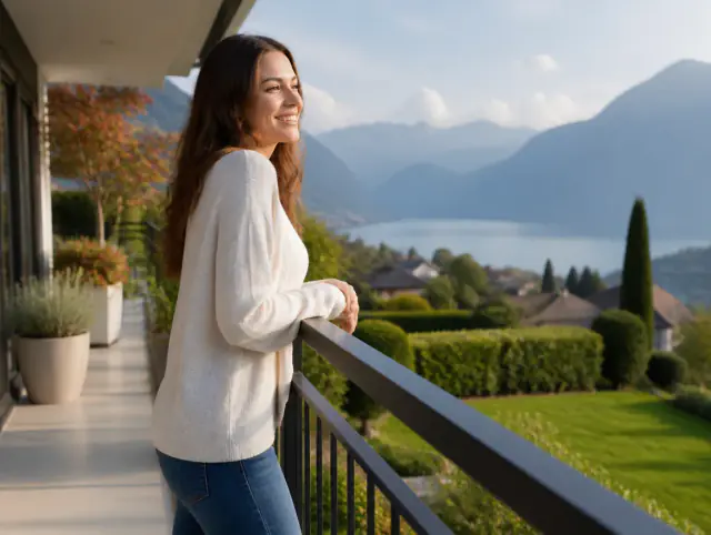 Terrassengeländer aus Metall – lächelnde Frau blickt zum Horizont Lächelnde Frau geniesst den Ausblick an einem Terrassengeländer aus Metall