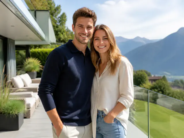 Glasgeländer für Terrasse & Garten – glückliches lächelndes Paar Glückliches Paar geniesst gemeinsam den Moment an einem Glasgeländer für Terrasse & Garten