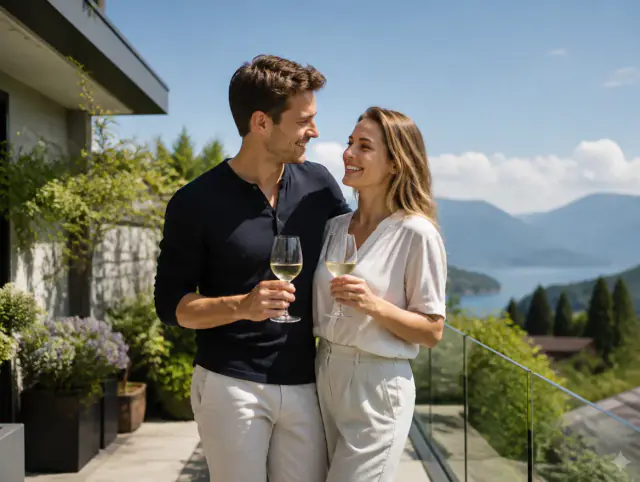 Terrassengeländer aus Glas – glückliches lächelndes Paar Glückliches Paar geniesst gemeinsam den Moment an einem Terrassengeländer aus Glas