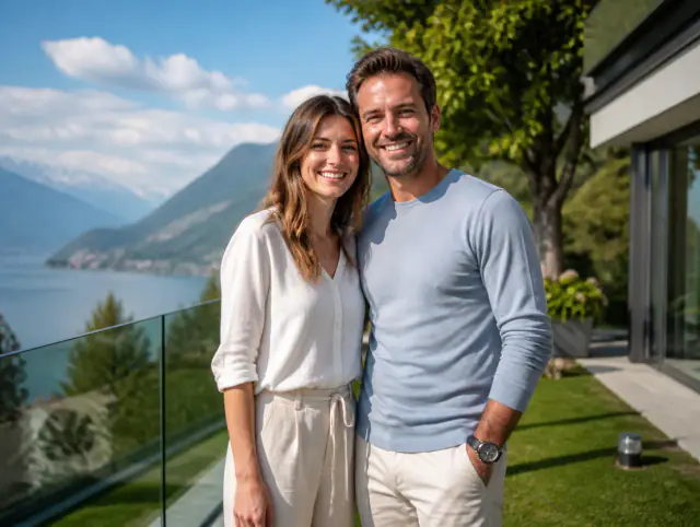 Terrassengeländer aus Kunststoff & WPC – glückliches lächelndes Paar Glückliches Paar geniesst gemeinsam den Moment an einem Terrassengeländer aus Kunststoff & WPC