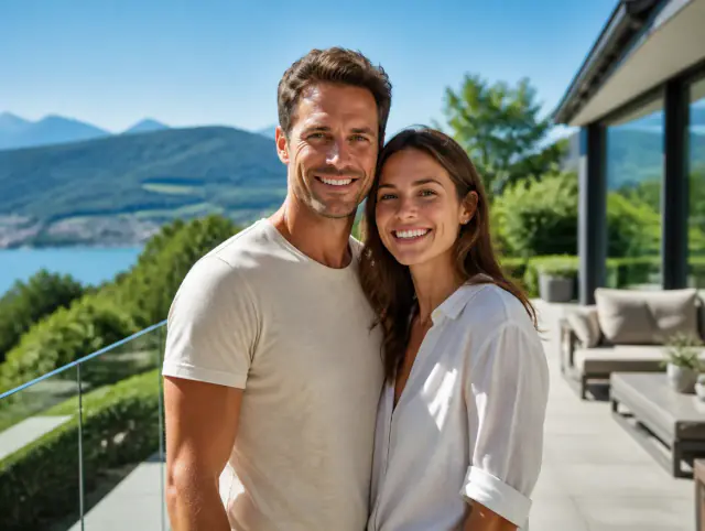 Terrassengeländer Höhe & Vorschriften Schweiz – glückliches lächelndes Paar Glückliches Paar geniesst gemeinsam den Moment an einem Terrassengeländer Höhe & Vorschriften Schweiz