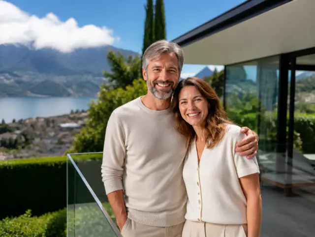 Glückliches Paar geniesst gemeinsam den Moment an einem Terrassengeländer
