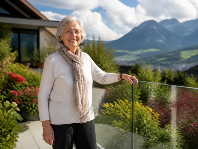 Terrassengeländer Höhe & Vorschriften Schweiz – ältere Person hält sich sicher am Geländer Ältere Person nutzt sicher und selbstbewusst an einem Terrassengeländer Höhe & Vorschriften Schweiz