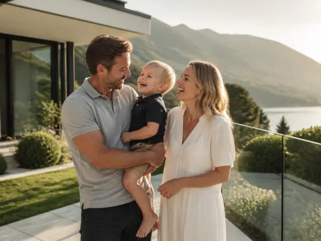 Glasgeländer für Terrasse & Garten – glückliche Familie mit Kind Glückliche Familie mit Kind lacht gemeinsam an einem Glasgeländer für Terrasse & Garten