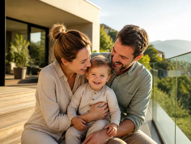 Terrassengeländer aus Glas – glückliche Familie mit Kind Glückliche Familie mit Kind lacht gemeinsam an einem Terrassengeländer aus Glas