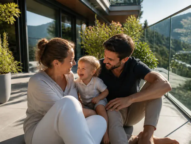 Terrassengeländer Höhe & Vorschriften Schweiz – glückliche Familie mit Kind Glückliche Familie mit Kind lacht gemeinsam an einem Terrassengeländer Höhe & Vorschriften Schweiz