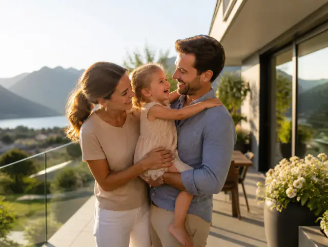 Terrassengeländer kaufen – Preise & Montage – glückliche Familie mit Kind Glückliche Familie mit Kind lacht gemeinsam an einem Terrassengeländer kaufen – Preise & Montage