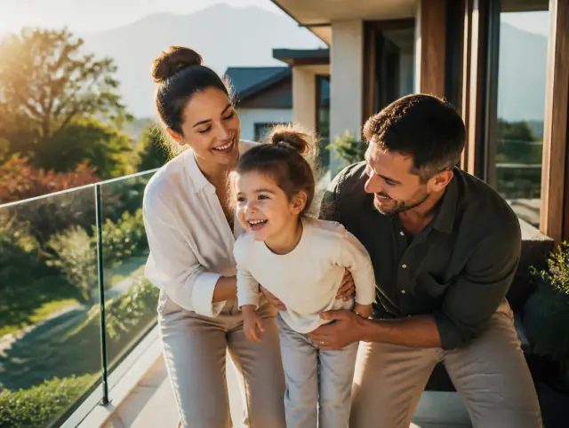 Terrassengeländer mit Sichtschutz – glückliche Familie mit Kind Glückliche Familie mit Kind lacht gemeinsam an einem Terrassengeländer mit Sichtschutz