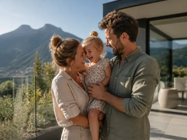Glückliche Familie mit Kind lacht gemeinsam an einem Terrassengeländer