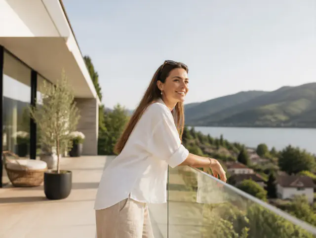 Glasgeländer für Terrasse & Garten – lächelnde Frau blickt zum Horizont Lächelnde Frau geniesst den Ausblick an einem Glasgeländer für Terrasse & Garten