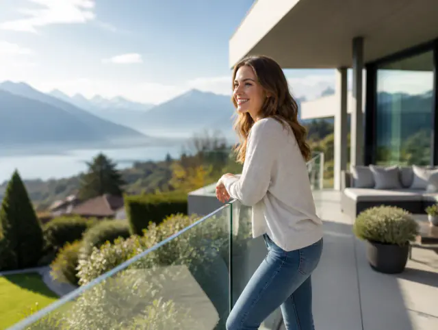 Terrassengeländer aus Glas – lächelnde Frau blickt zum Horizont Lächelnde Frau geniesst den Ausblick an einem Terrassengeländer aus Glas
