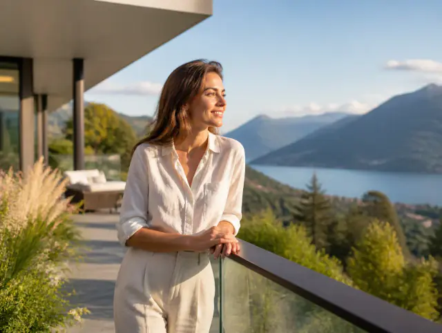 Terrassengeländer aus Kunststoff & WPC – lächelnde Frau blickt zum Horizont Lächelnde Frau geniesst den Ausblick an einem Terrassengeländer aus Kunststoff & WPC