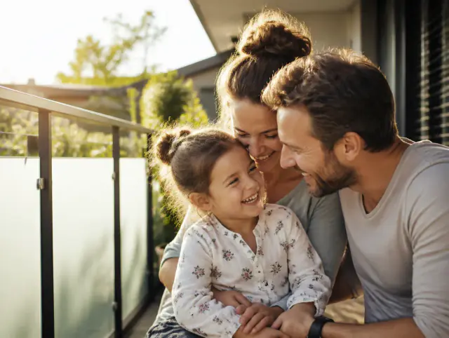Glückliche Familie mit Kind lacht gemeinsam an einem Terrassengeländer mit Milchglas