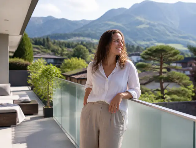 Lächelnde Frau geniesst den Ausblick an einem Terrassengeländer mit Milchglas