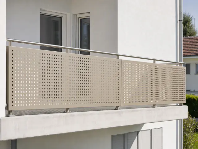 Balkongeländer mit perforiertem Lochblech-Sichtschutz am Basler Reihenhaus