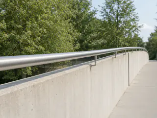 Der gleiche Edelstahl-Handlauf an der Fussgängerbrücke im Quartier