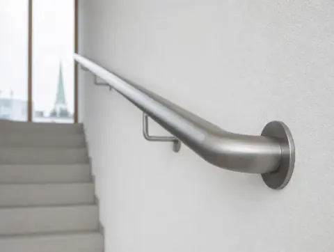 Nahaufnahme des gebogenen Handlaufendes an der Wand