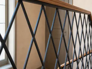 Nahaufnahme des diagonalen Rautenmusters im schwarzen Stahlgeländer